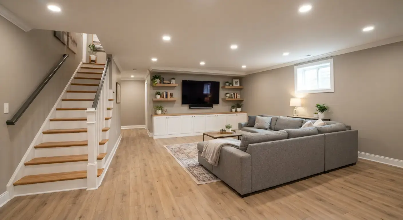 Finished basement family room with oak floors, recessed lights and a media wall