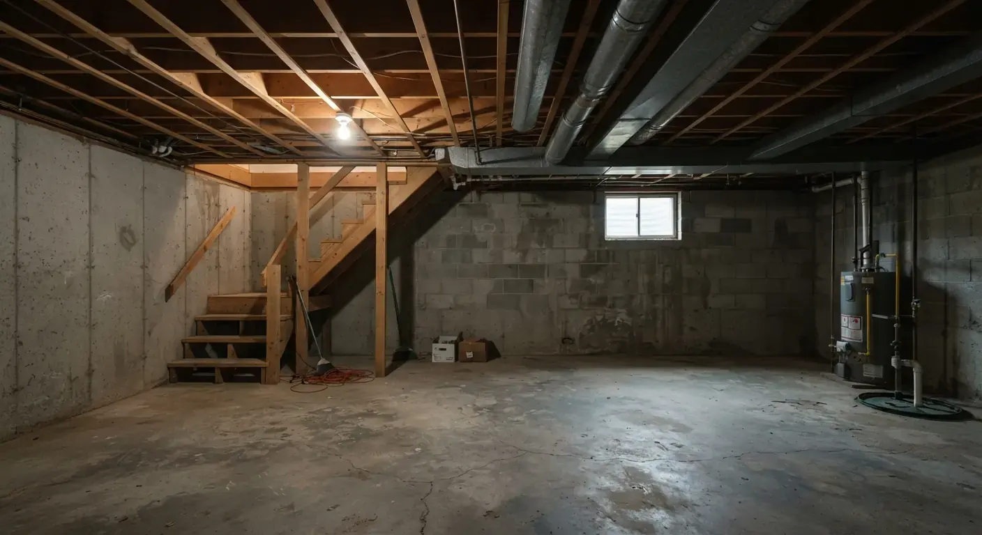 Unfinished basement with bare concrete walls, exposed joists and ductwork